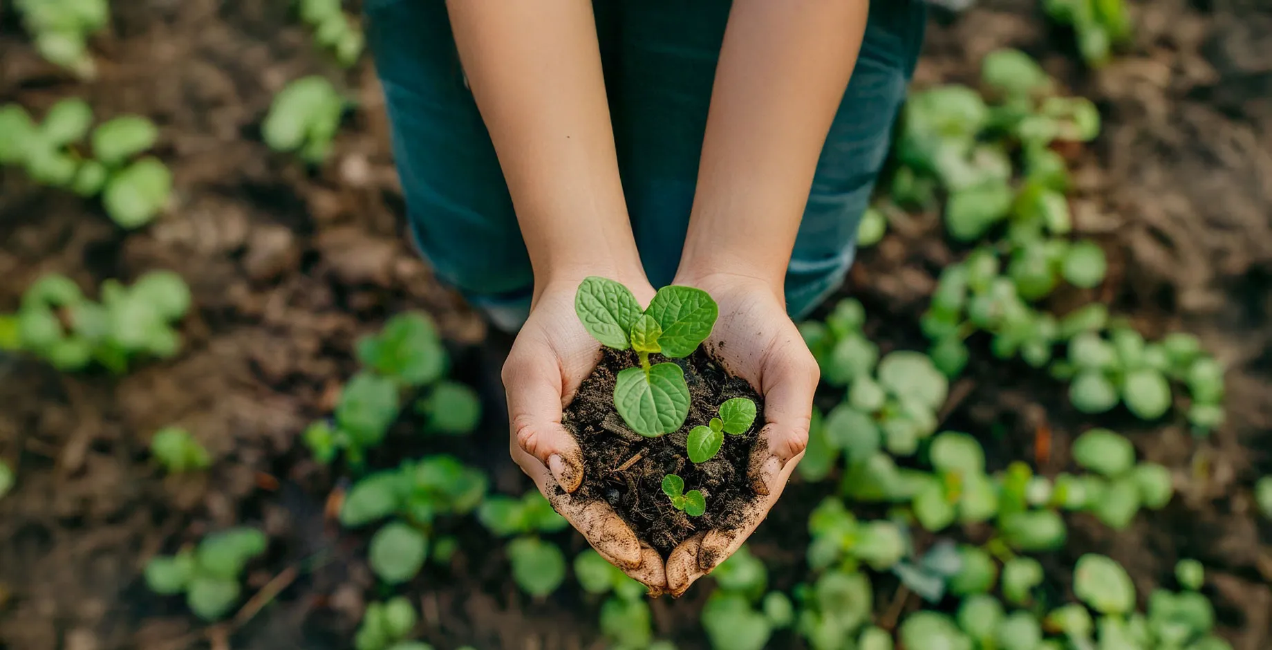 Des mains tiennent des jeunes pousses, ambiance sereine