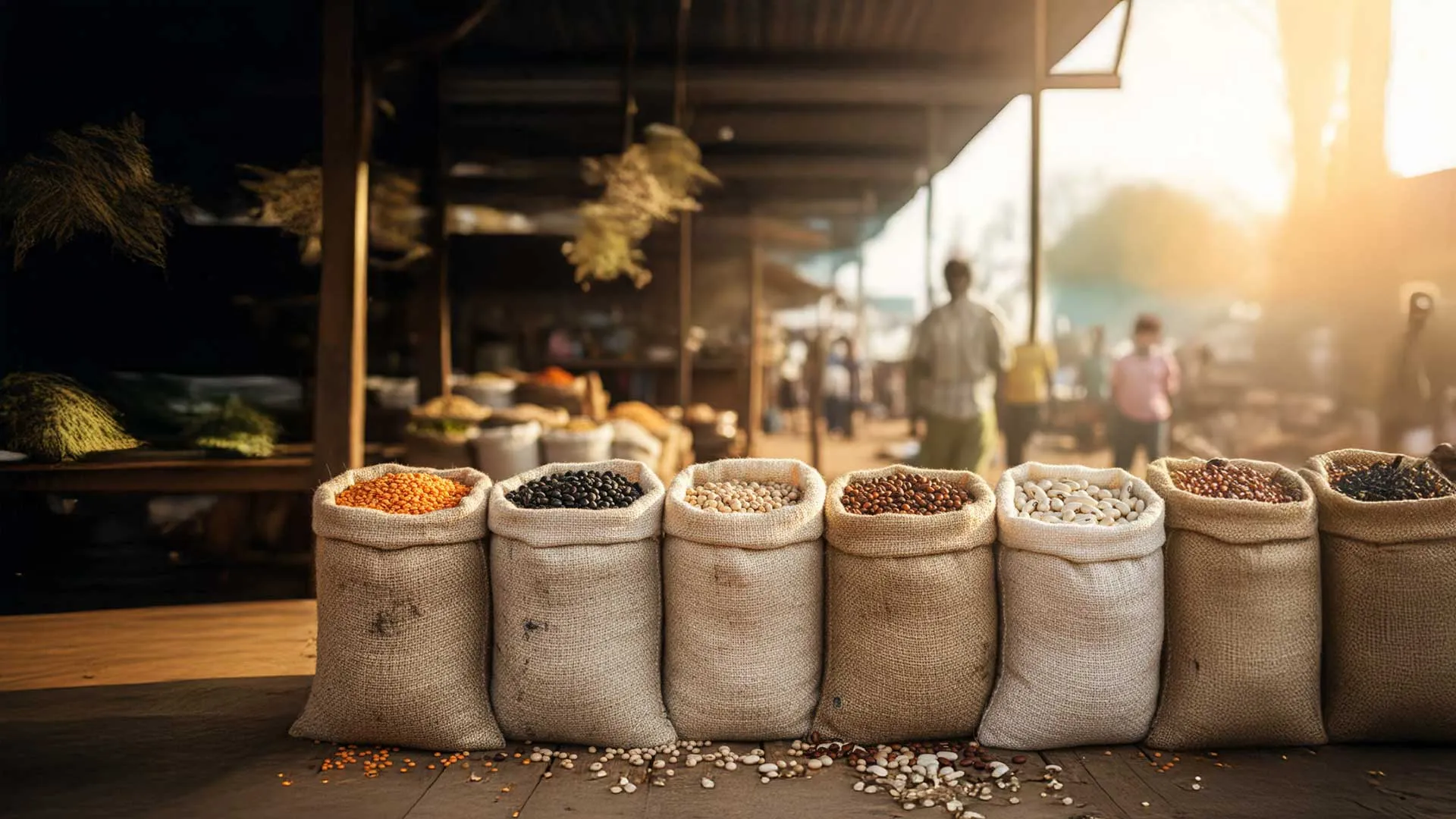 Un marché africain avec des sacs de légumineuses