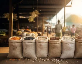 Un marché africain avec des sacs de légumineuses