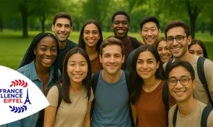 Des étudiants internationaux heureux sont réunis sur un campus arboré 