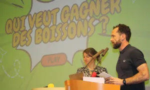 Raphaël Girardin, Responsable d'AgroVallée Incubation et Amélie Fuchs, Ingénieure de recherche & formation en Entrepreneuriat et Innovation aux manettes d'un quiz original !
