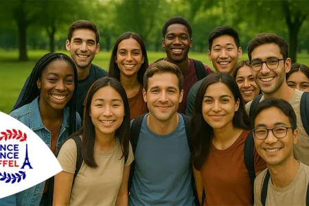 Des étudiants internationaux heureux sont réunis sur un campus arboré