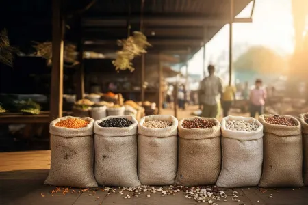 Un marché africain avec des sacs de légumineuses